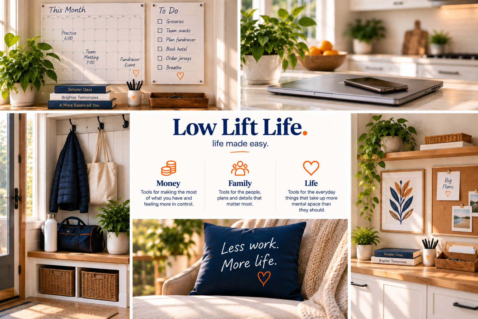 An organized Low Lift Life family command centre with calendars, everyday essentials and calm home organization.